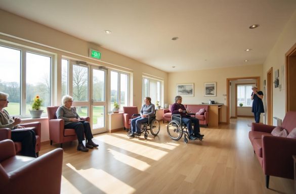 A communal lounge with armchairs by large windows, where residents including a wheelchair user are sitting