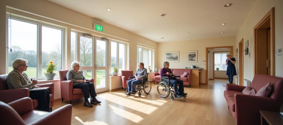 A communal lounge with armchairs by large windows, where residents including a wheelchair user are sitting