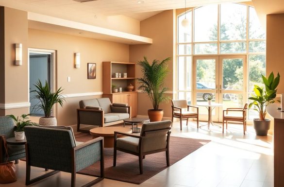 A bright sitting room with armchairs, plants and doors onto the garden