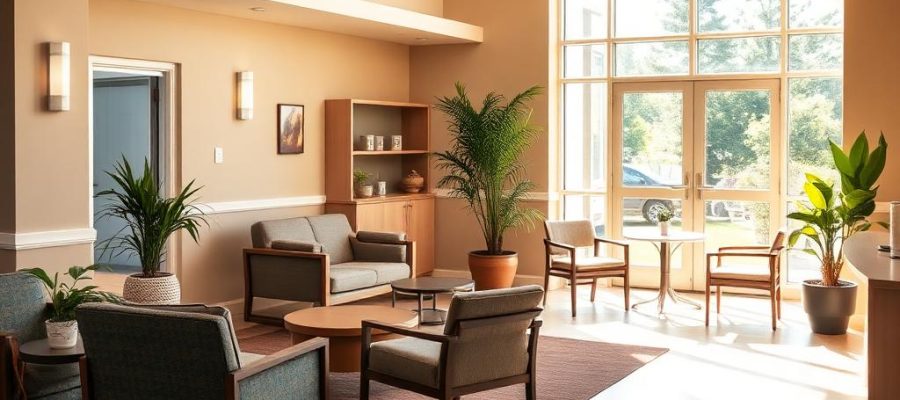 A bright sitting room with armchairs, plants and doors onto the garden