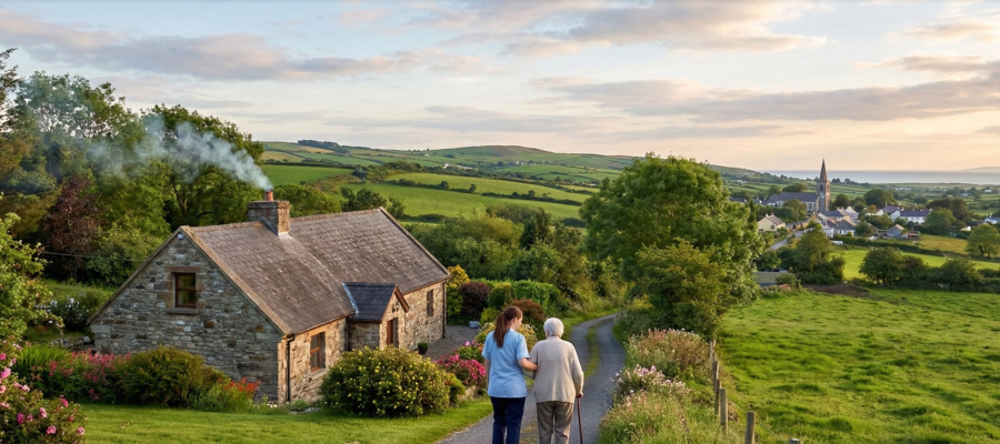 A carer and an older woman walking a country lane towards a West Kerry village, with green fields and the sea beyond